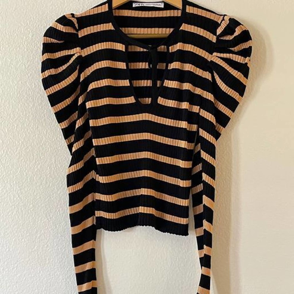 Zara Size M Womens Black Brown Top Striped Pullover Long Sleeve